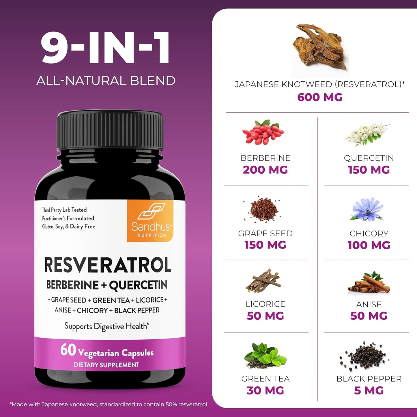 Sandhu's Resveratrol with Berberine for Gut Health | Digestive Supplement for Women & Men | Green Tea, Star Anise, DGL, Grape Seed Extract & Quercetin | Eases Bloating | 60 Capsules (Pack of 1)