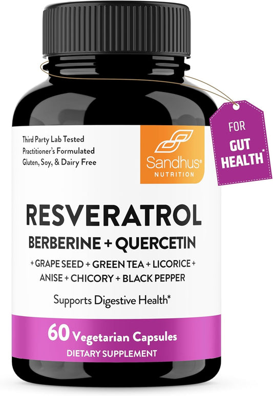 Sandhu's Resveratrol with Berberine for Gut Health | Digestive Supplement for Women & Men | Green Tea, Star Anise, DGL, Grape Seed Extract & Quercetin | Eases Bloating | 60 Capsules (Pack of 1)