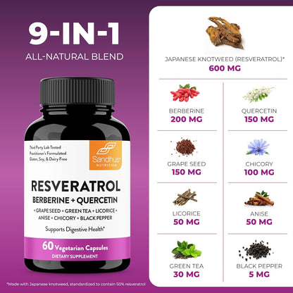 Sandhu's Resveratrol with Berberine for Gut Health | Digestive Supplement for Women & Men | Green Tea, Star Anise, DGL, Grape Seed Extract & Quercetin | Eases Bloating | 60 Capsules (Pack of 1)
